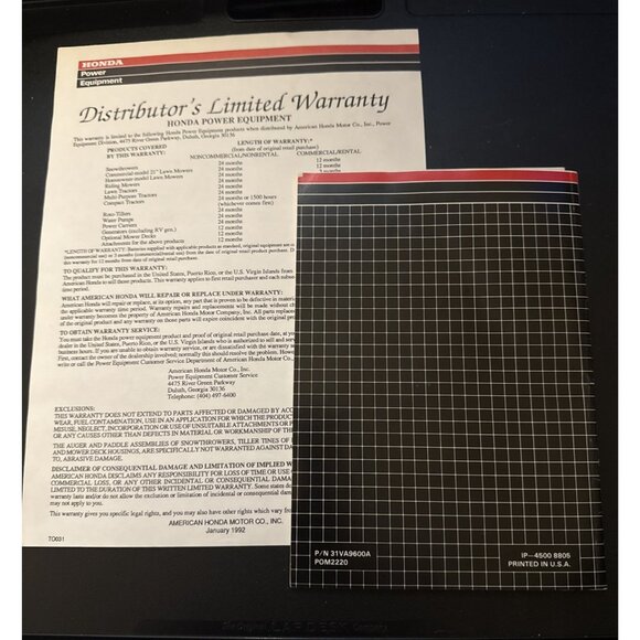 Honda HR215SXA, 215HXA, 215HMA Rotary Mower Owners Manual Warranty - Picture 2 of 10